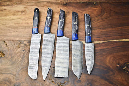 Lot Of 5 Custom Handmade Damascus Chef Knives  Hammered Razor Sharp Kitchen Set 3