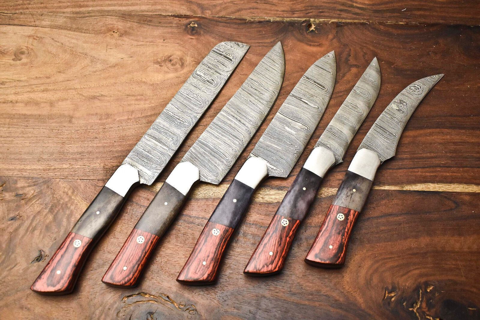 Lot of 5 Custom Handmade Damascus Chef Knives | Hammered Razor Sharp Set
