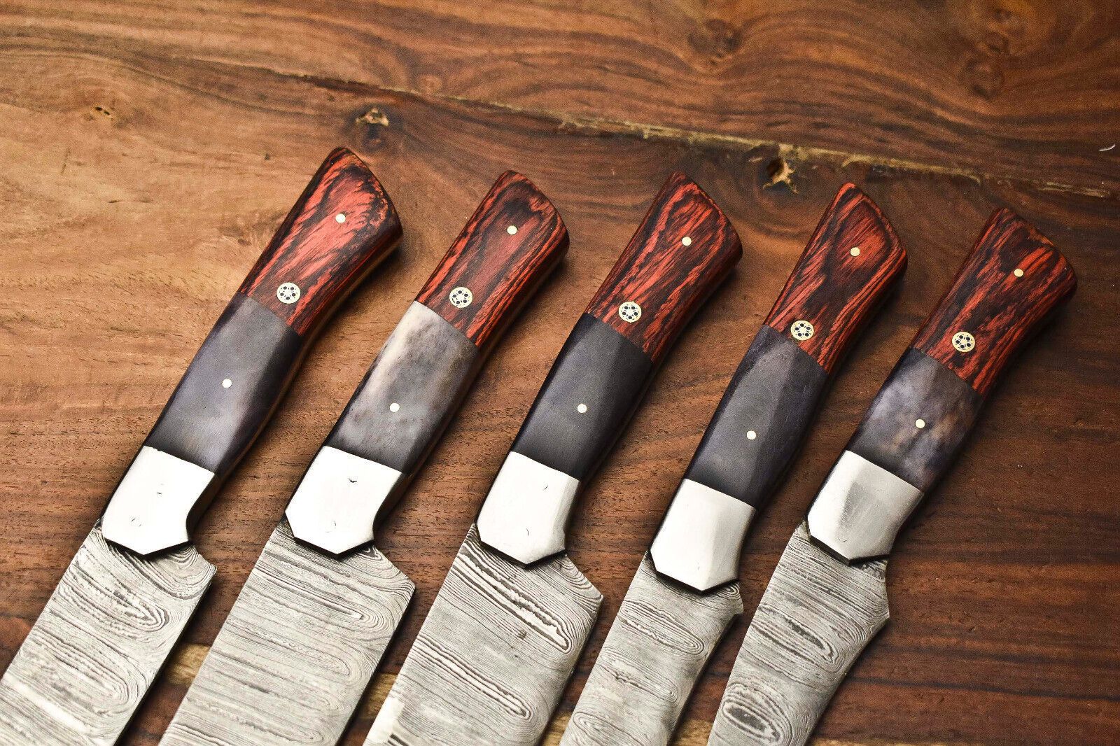 Lot Of 5 Custom Handmade Damascus Chef Knives  Hammered Razor Sharp Set 1