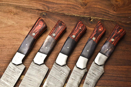 Lot Of 5 Custom Handmade Damascus Chef Knives  Hammered Razor Sharp Set 1