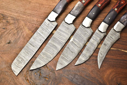 Lot Of 5 Custom Handmade Damascus Chef Knives  Hammered Razor Sharp Set 2