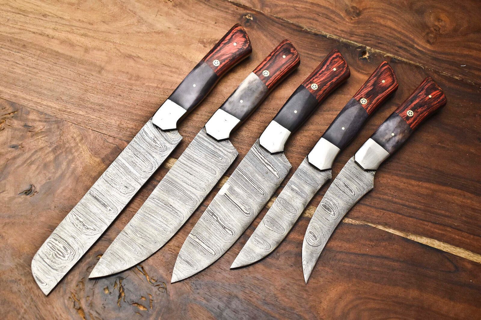 Lot Of 5 Custom Handmade Damascus Chef Knives  Hammered Razor Sharp Set 3