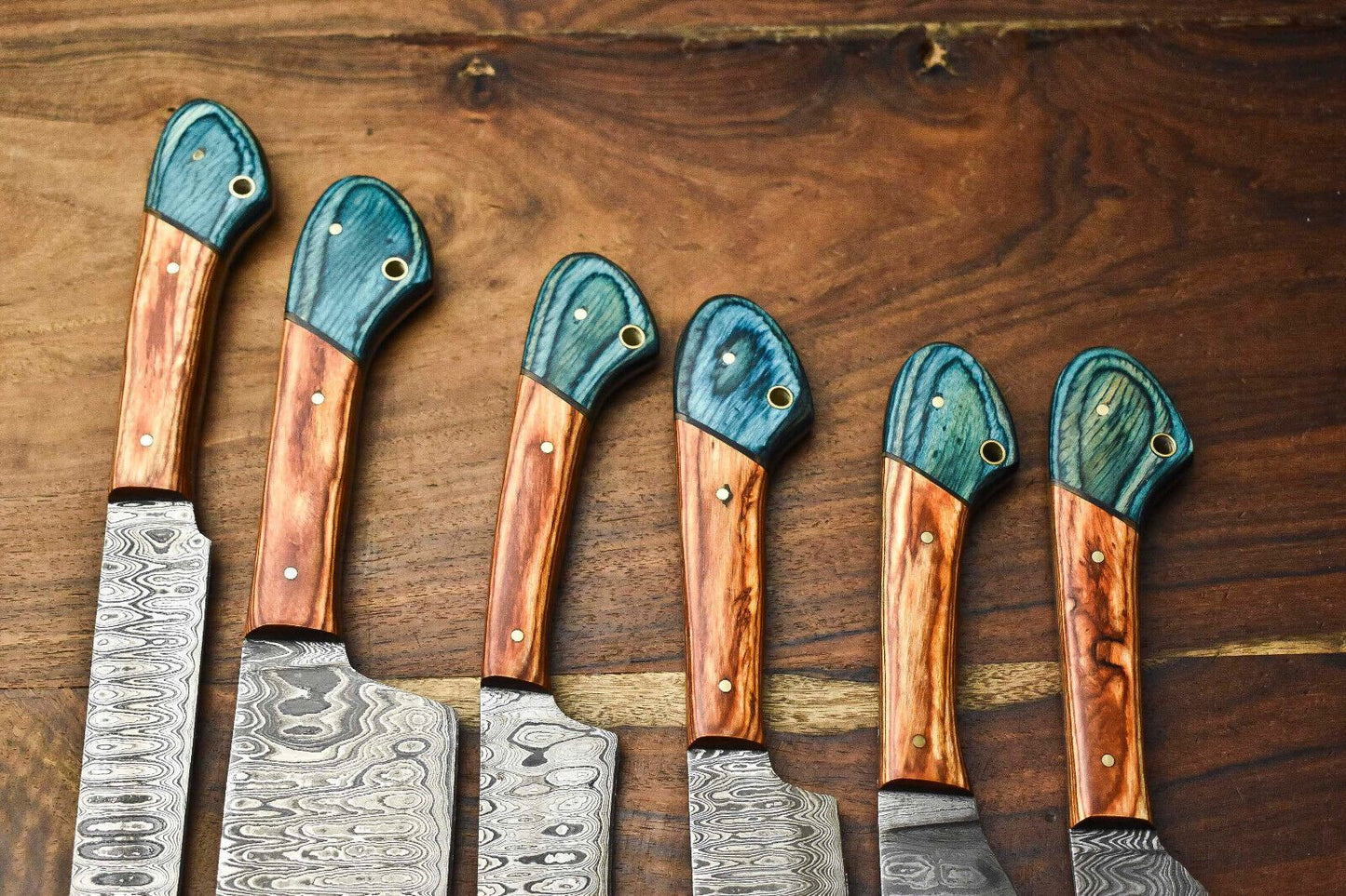 Lot Of 6 Handmade Damascus Steel Chef Knives Set  Custom Hammered Full Tang Blades 2