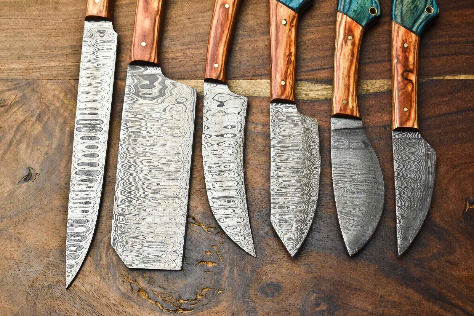 Lot Of 6 Handmade Damascus Steel Chef Knives Set  Custom Hammered Full Tang Blades 3