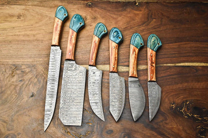 Lot of 6 Handmade Damascus Steel Chef Knives Set | Custom Hammered Full Tang Blades