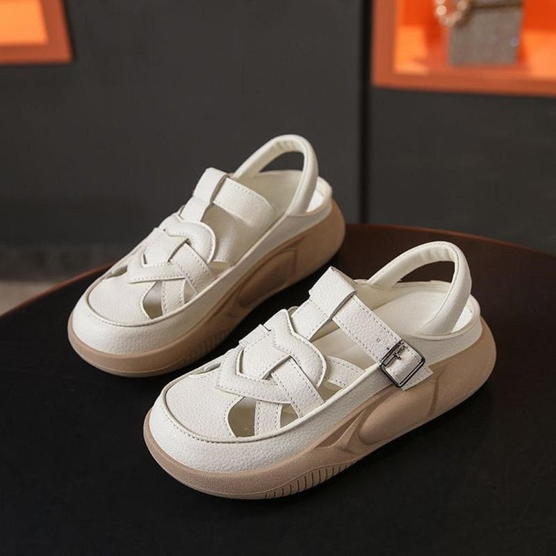 Red Roman Sandals for Women, Crisscross Strap Platform with Metal Buckles, Stylish Breathable Summer Vacation Shoes