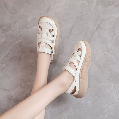 Red Roman Sandals for Women, Crisscross Strap Platform with Metal Buckles, Stylish Breathable Summer Vacation Shoes