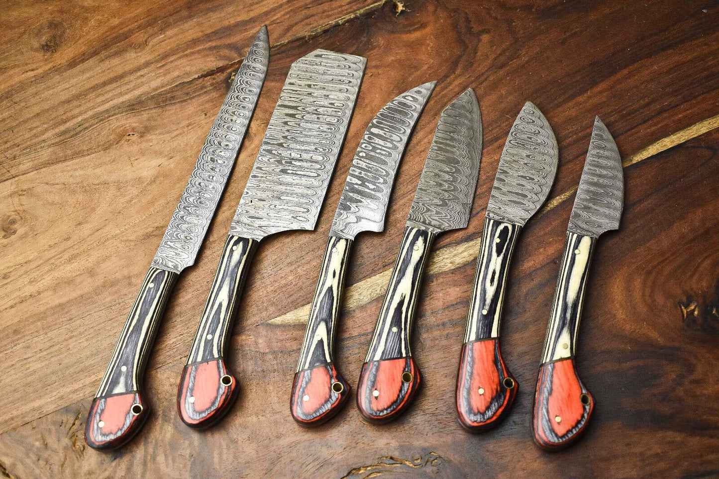 Handcrafted 6Piece Damascus Steel Chef Knives Set  Custom Hammered Kitchen Blades 1