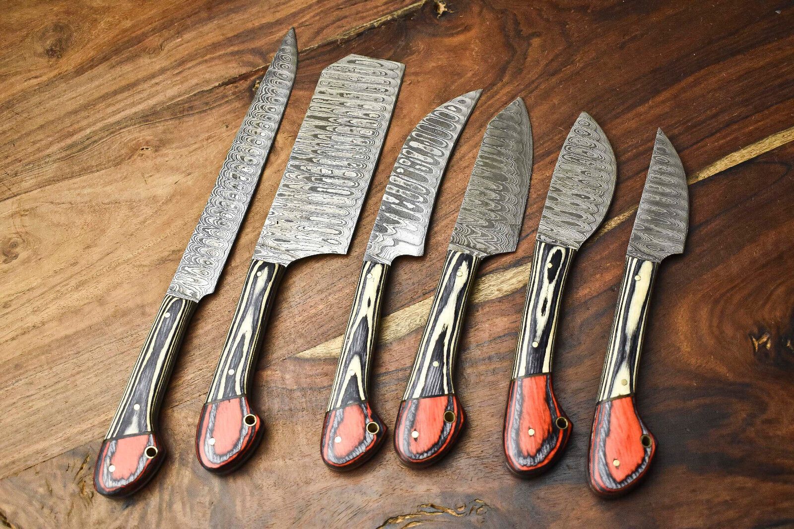 Handcrafted 6Piece Damascus Steel Chef Knives Set  Custom Hammered Kitchen Blades 1