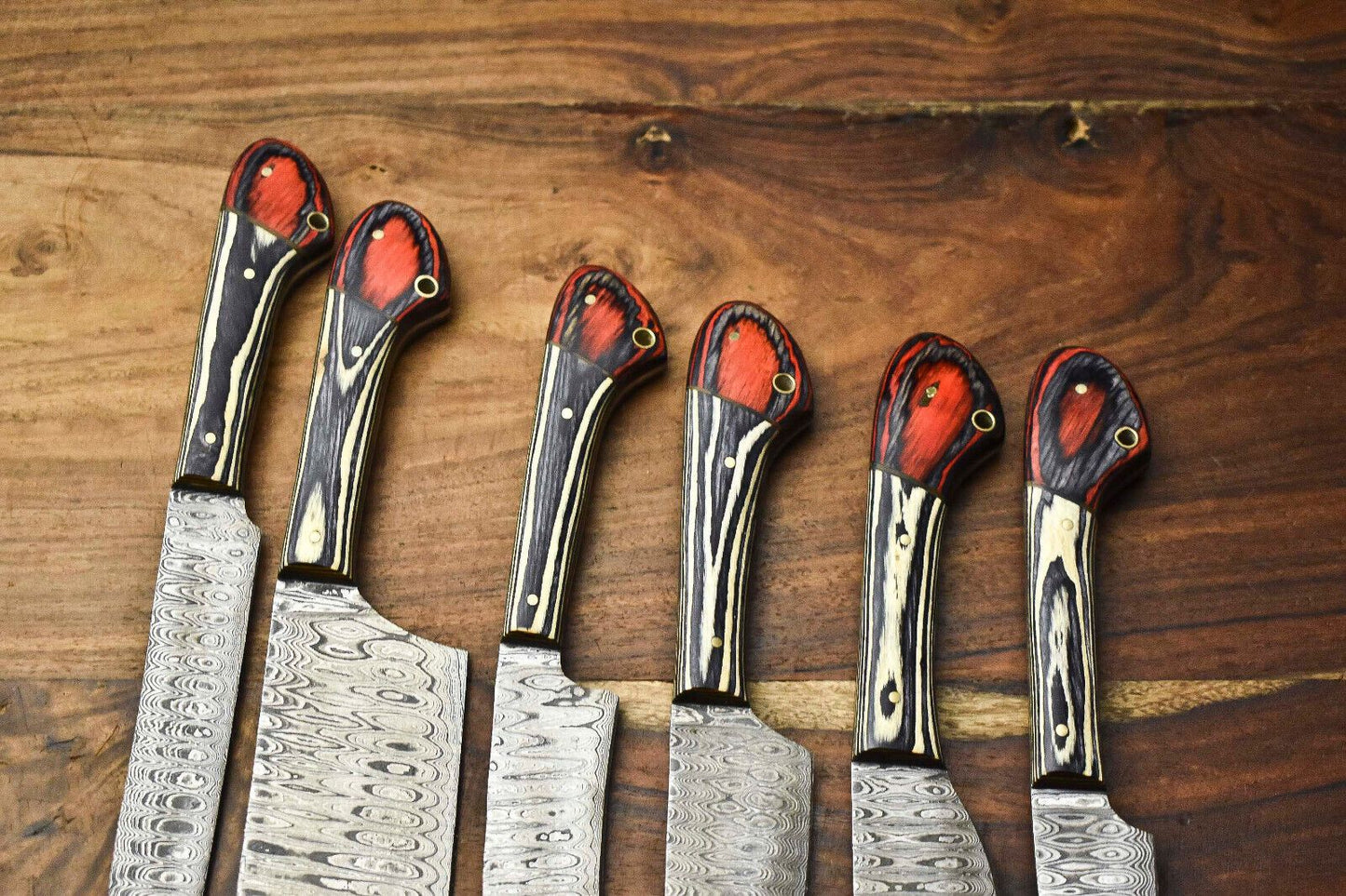 Handcrafted 6Piece Damascus Steel Chef Knives Set  Custom Hammered Kitchen Blades 2