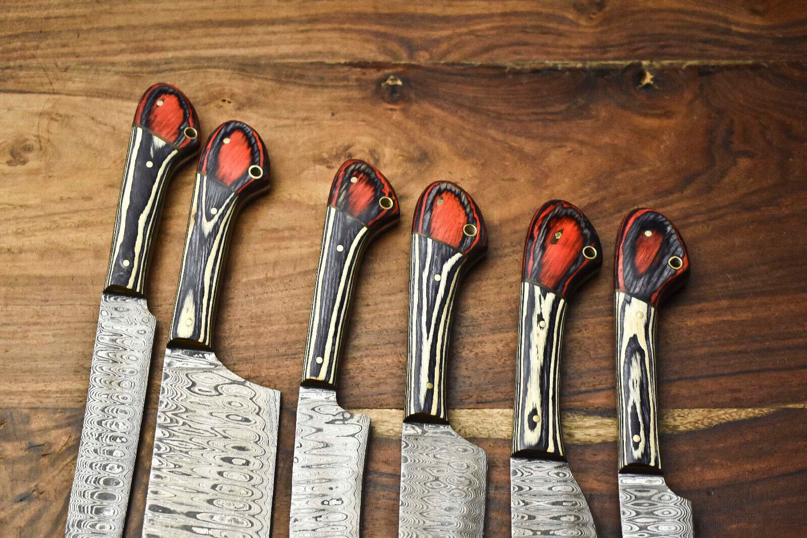 Handcrafted 6Piece Damascus Steel Chef Knives Set  Custom Hammered Kitchen Blades 2