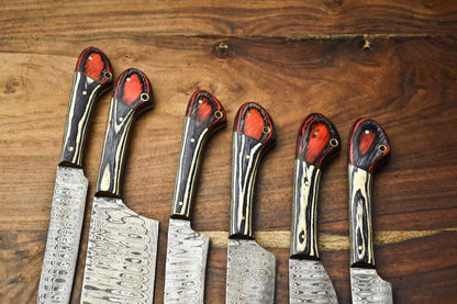 Handcrafted 6Piece Damascus Steel Chef Knives Set  Custom Hammered Kitchen Blades 2