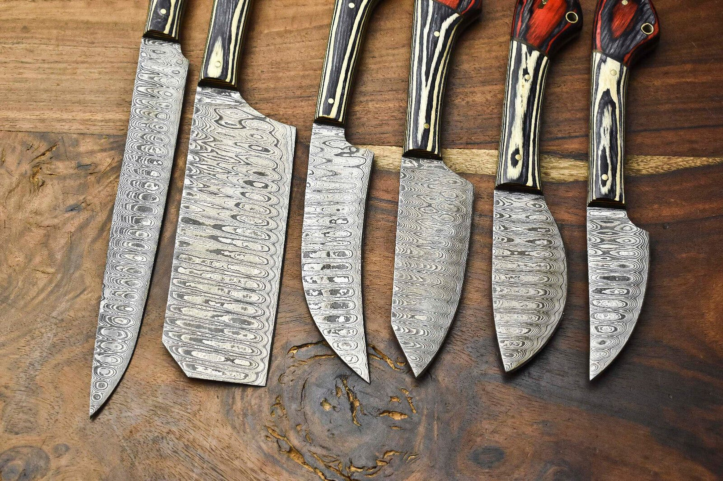 Handcrafted 6Piece Damascus Steel Chef Knives Set  Custom Hammered Kitchen Blades 3