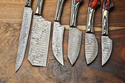 Handcrafted 6Piece Damascus Steel Chef Knives Set  Custom Hammered Kitchen Blades 3