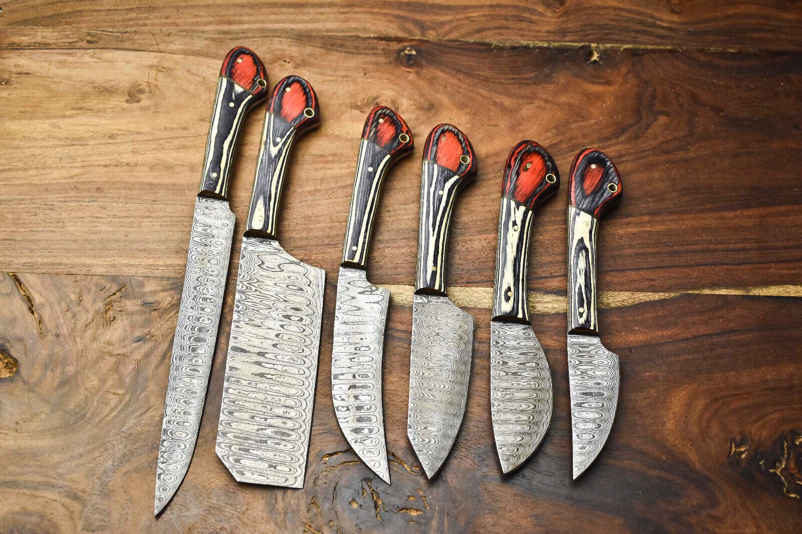 Handcrafted 6-Piece Damascus Steel Chef Knives Set | Custom Hammered Kitchen Blades