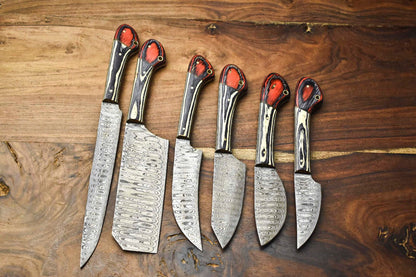 Handcrafted 6-Piece Damascus Steel Chef Knives Set | Custom Hammered Kitchen Blades
