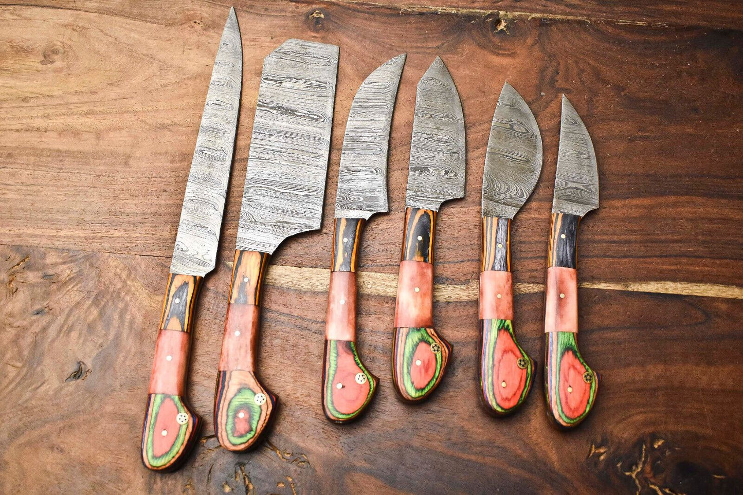 Artisan Lot of 6 Handmade Damascus Steel Chef Knife Collection | Razor Sharp Blades