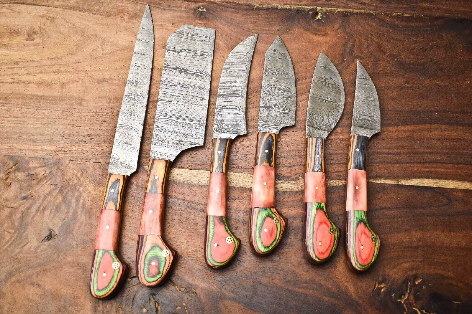 Artisan Lot of 6 Handmade Damascus Steel Chef Knife Collection | Razor Sharp Blades