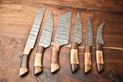 Custom 6Piece Handmade Damascus Steel Chef Knife Set  Hammered Full Tang Blades 1