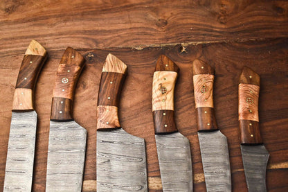 Custom 6Piece Handmade Damascus Steel Chef Knife Set  Hammered Full Tang Blades 2