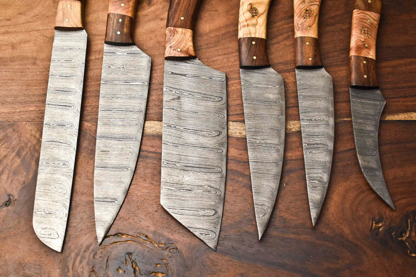 Custom 6Piece Handmade Damascus Steel Chef Knife Set  Hammered Full Tang Blades 3