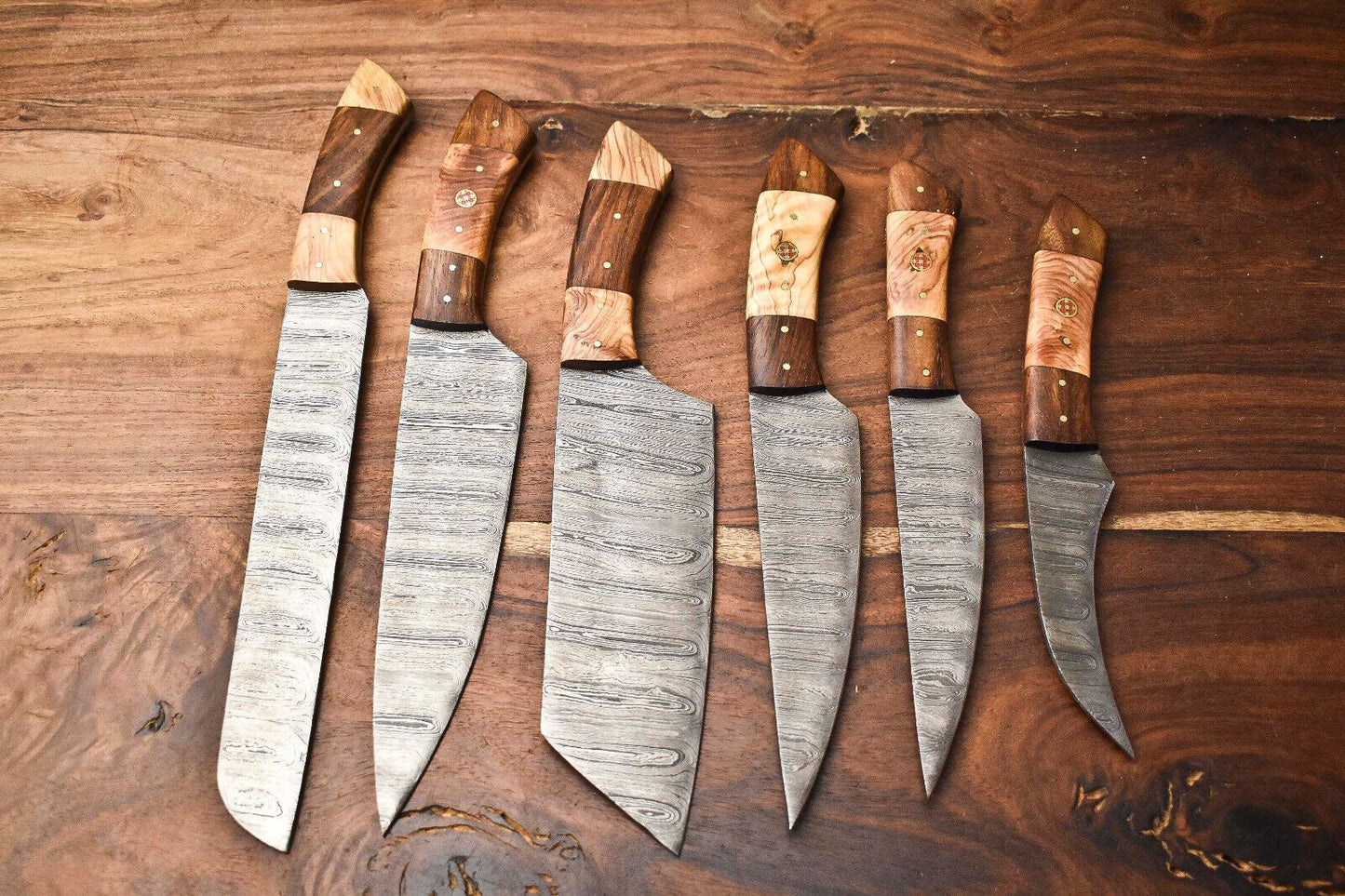 Custom 6-Piece Handmade Damascus Steel Chef Knife Set | Hammered Full Tang Blades