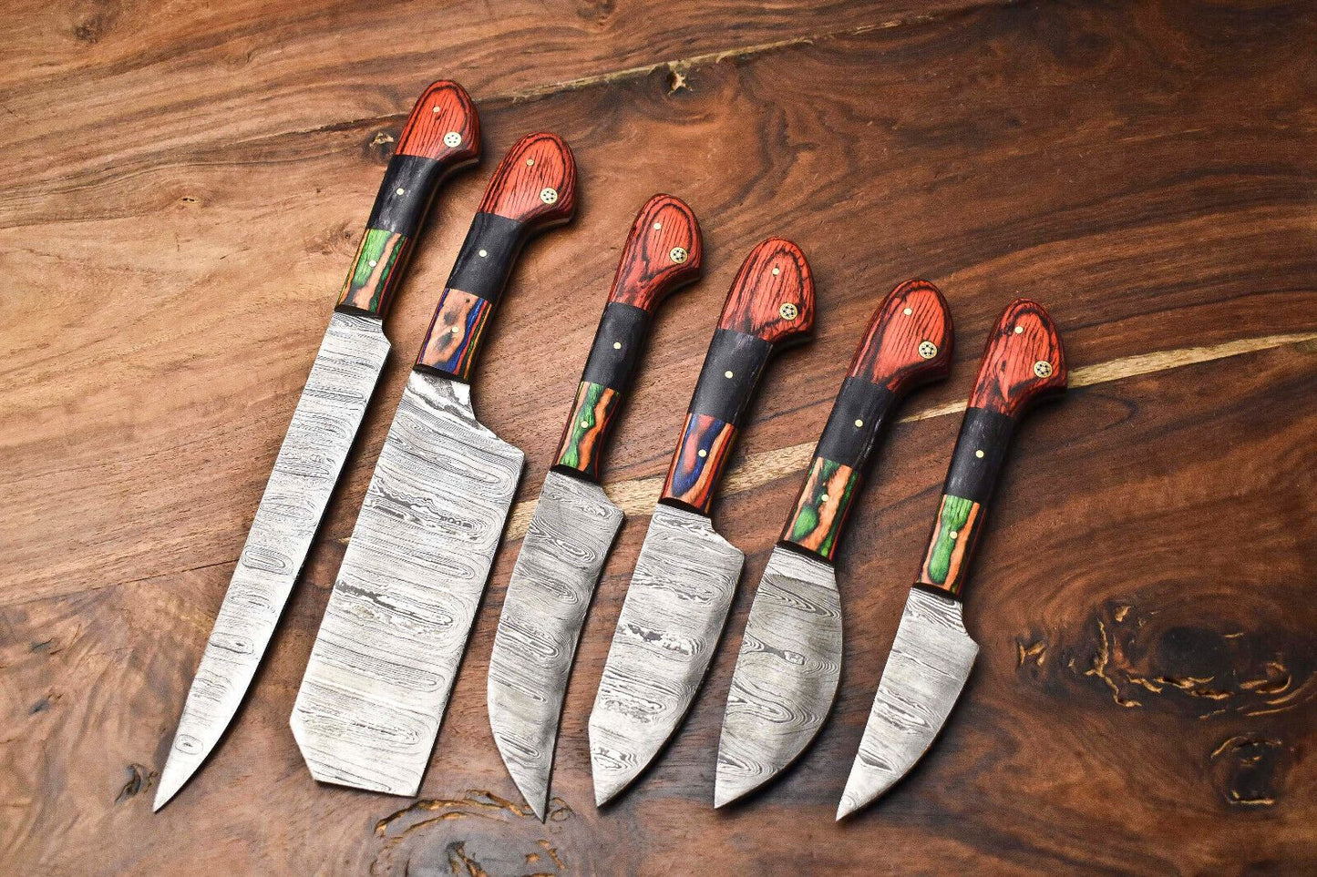 Lot of 6 Premium Handmade Damascus Steel Kitchen Knives | Professional Chef Set