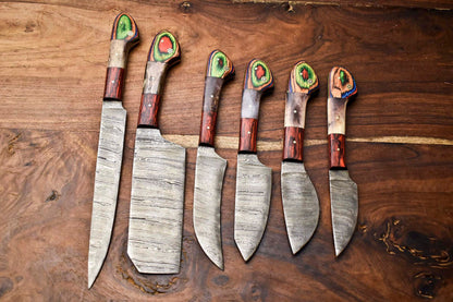 Lot of 6 Premium Handmade Damascus Steel Kitchen Knives | Professional Set