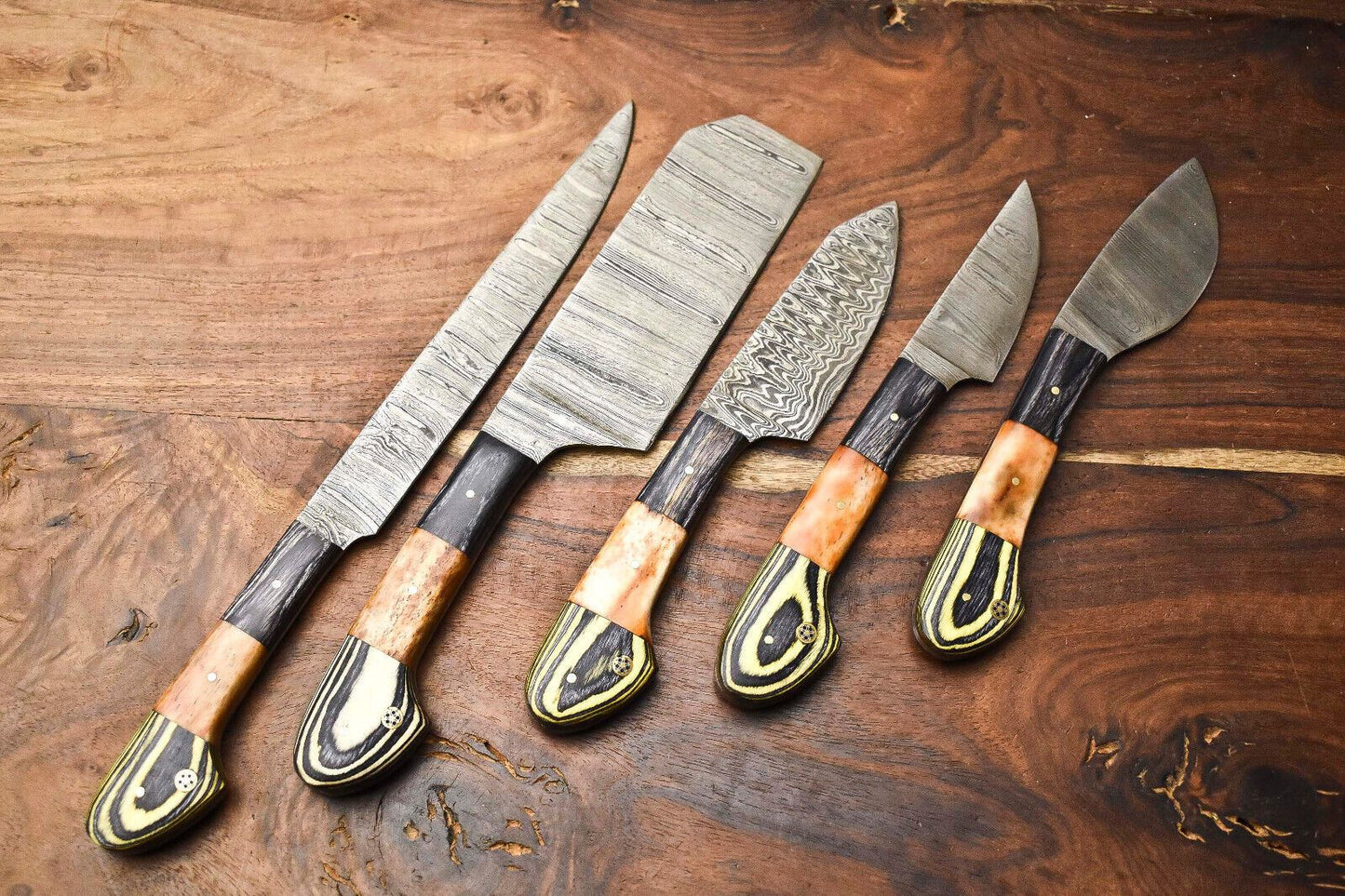 Custom Lot Of 5 Handmade Hammered Damascus Steel Chef Knives Set  Professional Full Tang Kitchen Bl