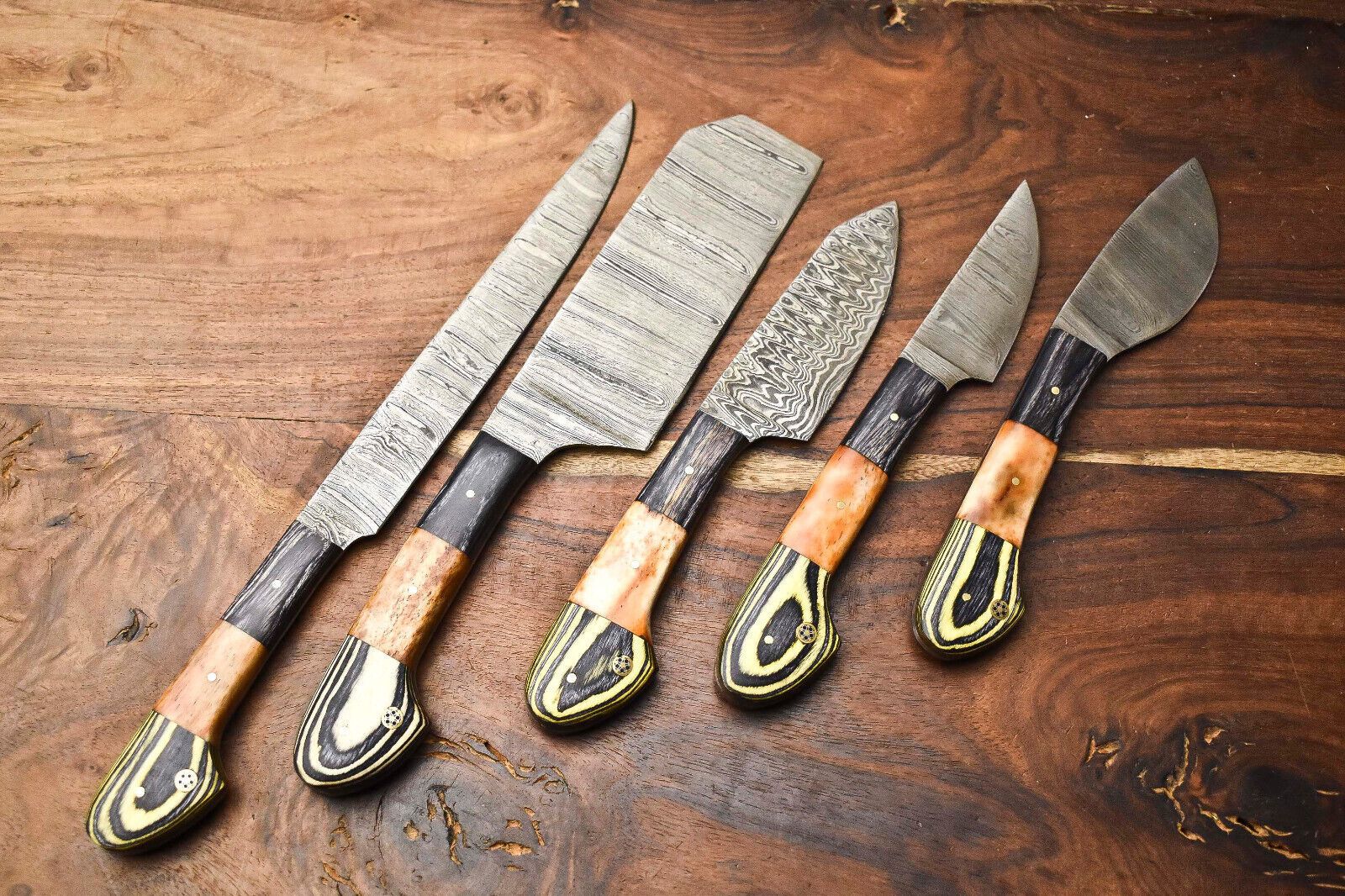 Custom Lot Of 5 Handmade Hammered Damascus Steel Chef Knives Set  Professional Full Tang Kitchen Bl