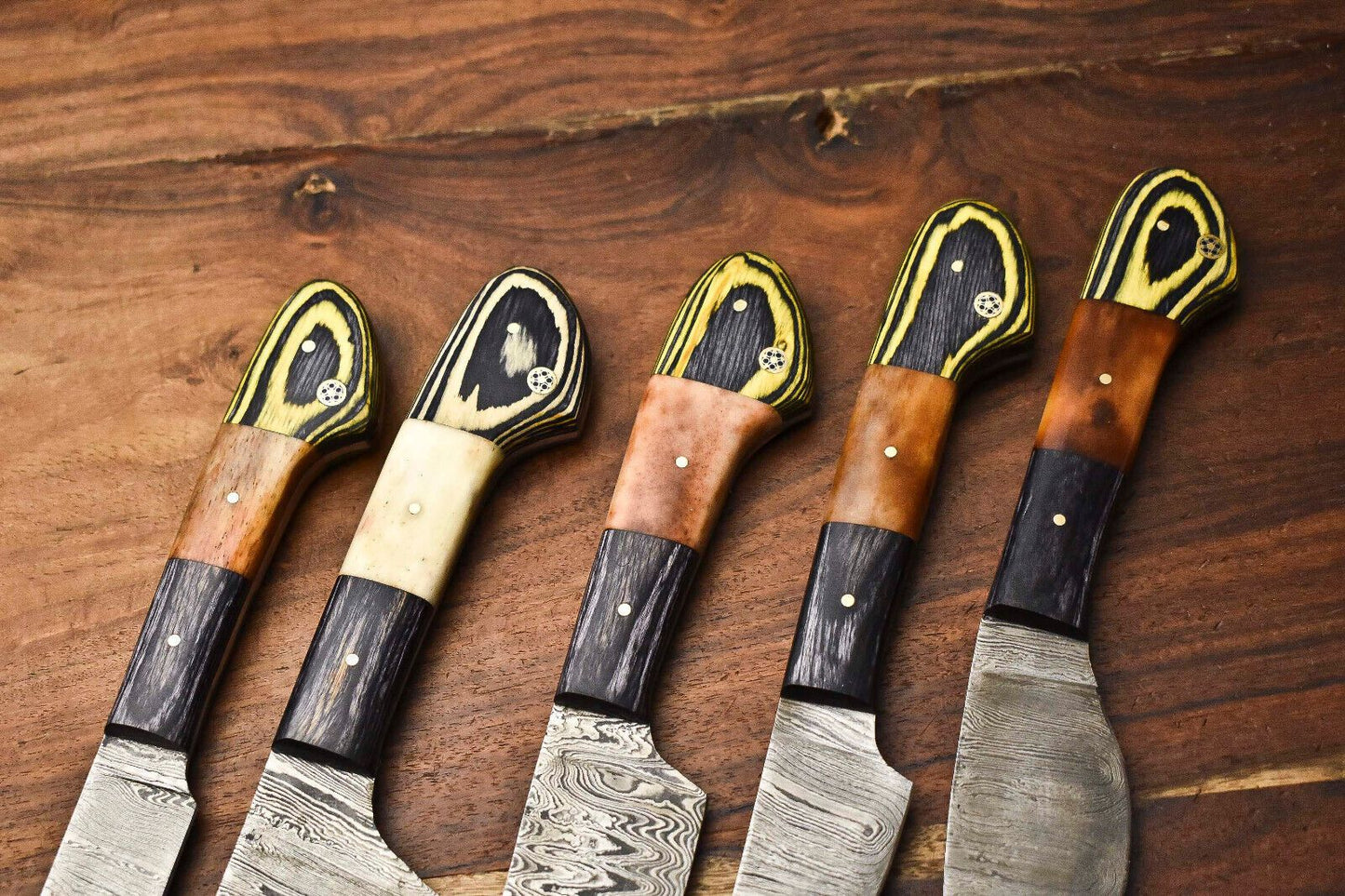 Custom Lot Of 5 Handmade Hammered Damascus Steel Chef Knives Set  Professional Full Tang Kitchen Bl