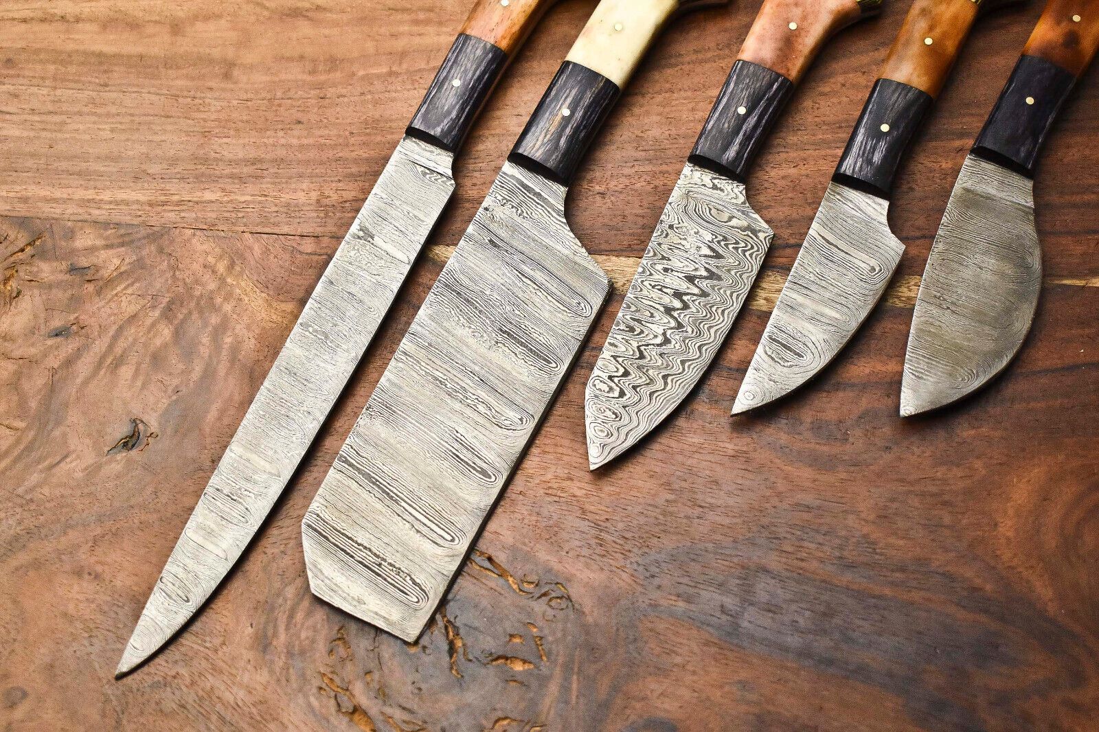 Custom Lot Of 5 Handmade Hammered Damascus Steel Chef Knives Set  Professional Full Tang Kitchen Bl