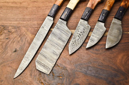 Custom Lot Of 5 Handmade Hammered Damascus Steel Chef Knives Set  Professional Full Tang Kitchen Bl