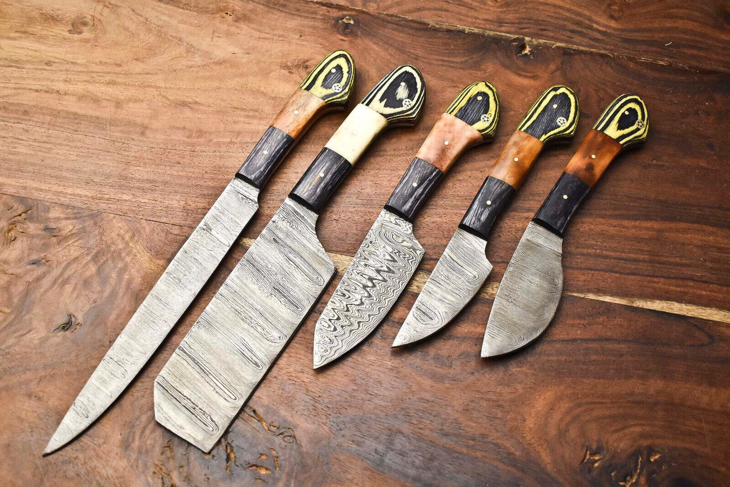 Custom Lot of 5 Handmade Hammered Damascus Steel Chef Knives Set | Professional Full Tang Kitchen Blades