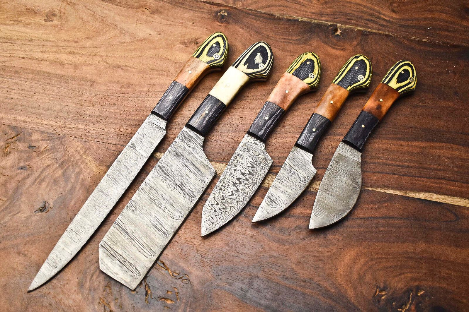 Custom Lot of 5 Handmade Hammered Damascus Steel Chef Knives Set | Professional Full Tang Kitchen Blades