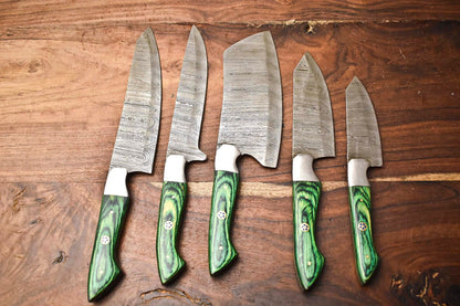 Lot Of 5 Handmade Hammered Damascus Steel Knives  Custom Chef Set With Unique Blades 1