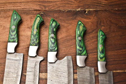 Lot Of 5 Handmade Hammered Damascus Steel Knives  Custom Chef Set With Unique Blades 2