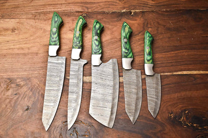 Lot of 5 Handmade Hammered Damascus Steel Knives | Custom Chef Set with Unique Blades