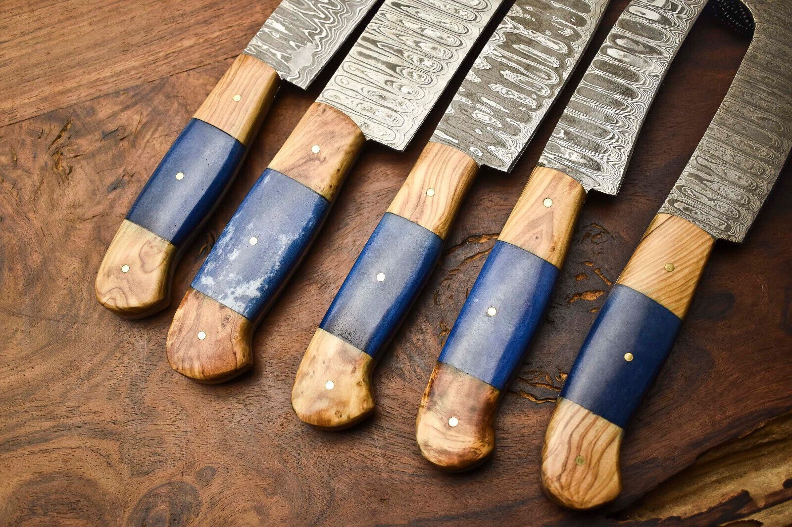Premium 5Piece Handmade Damascus Steel Chef Knives  Full Tang Hammered Blades 1