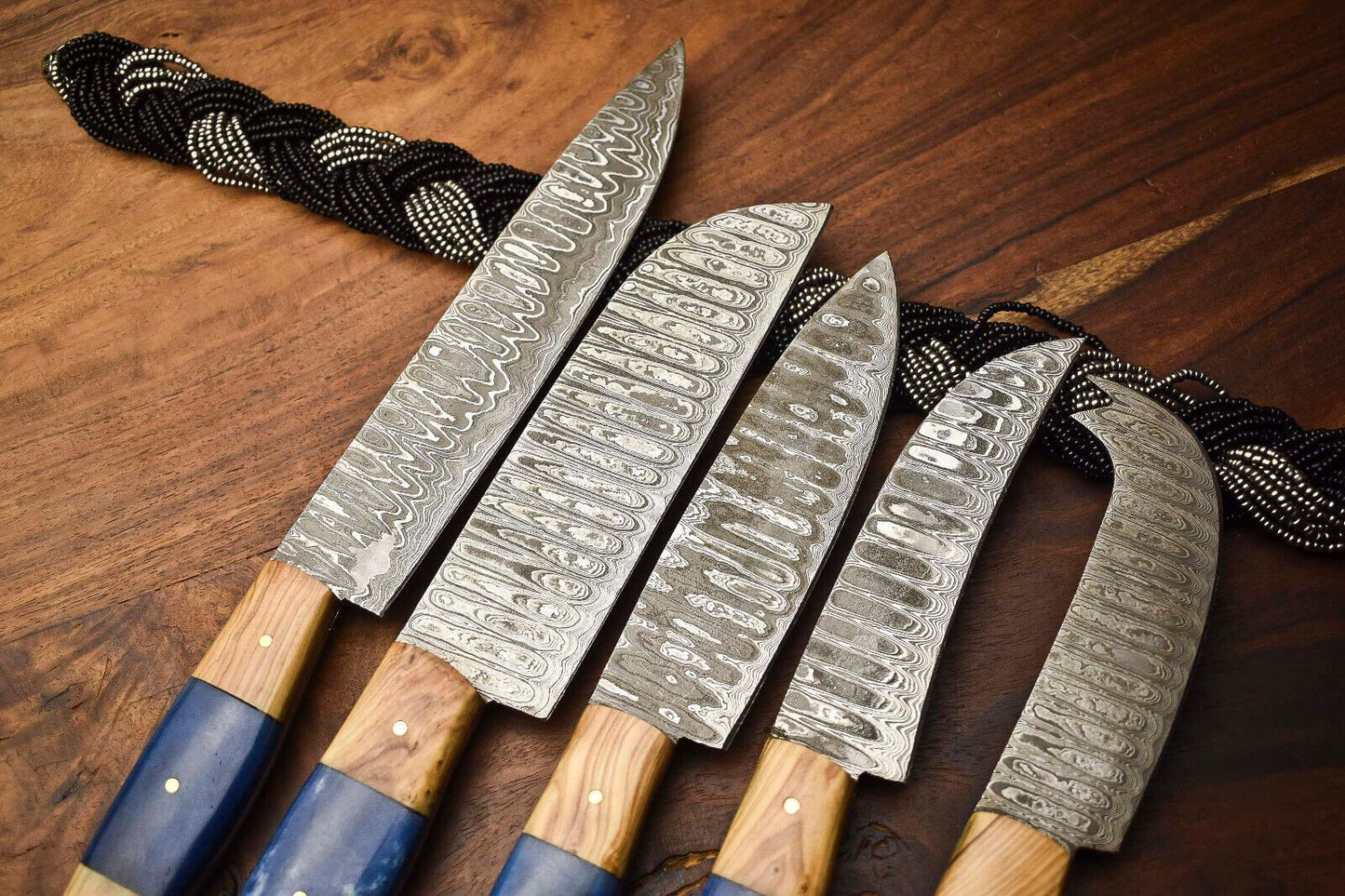 Premium 5Piece Handmade Damascus Steel Chef Knives  Full Tang Hammered Blades 2