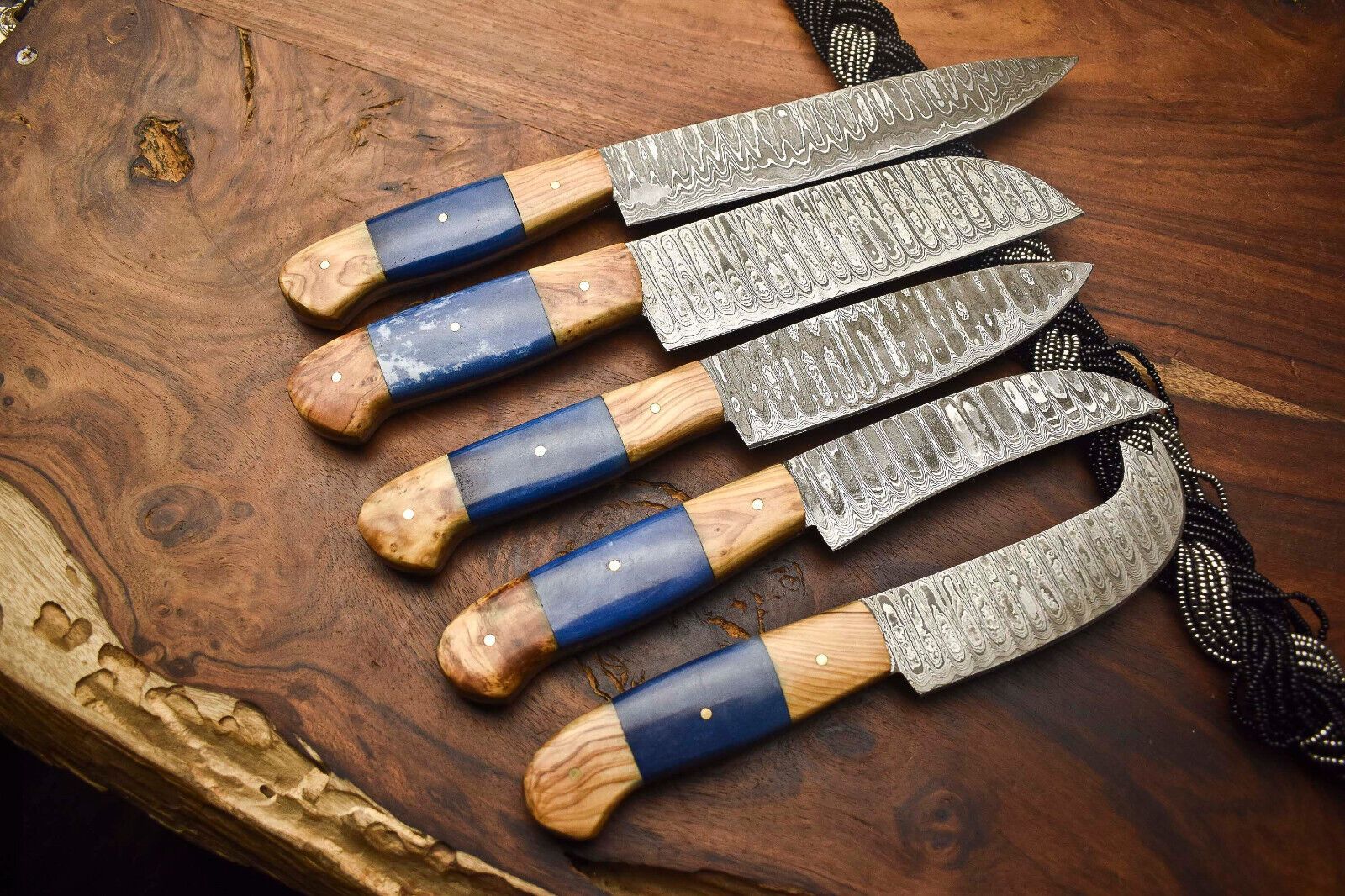 Premium 5-Piece Handmade Damascus Steel Chef Knives | Full Tang Hammered Blades