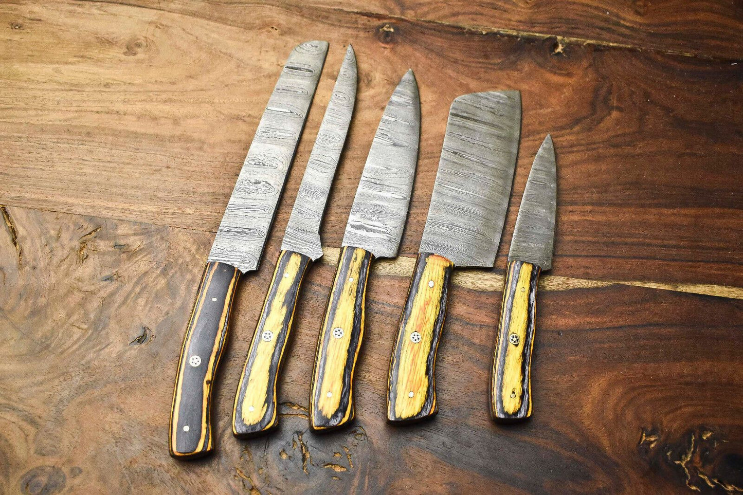 Custom Lot Of 5 Handmade Damascus Steel Chef Knives  Hammered Full Tang Kitchen Set 1