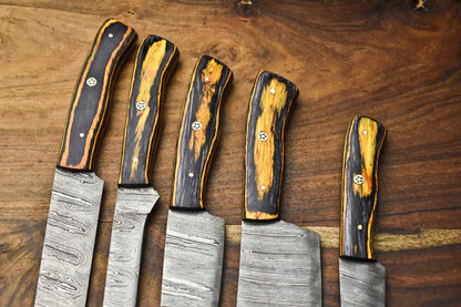 Custom Lot Of 5 Handmade Damascus Steel Chef Knives  Hammered Full Tang Kitchen Set 2