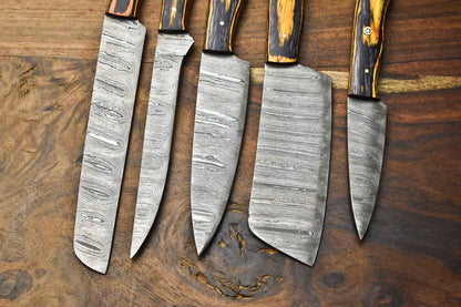 Custom Lot Of 5 Handmade Damascus Steel Chef Knives  Hammered Full Tang Kitchen Set 3