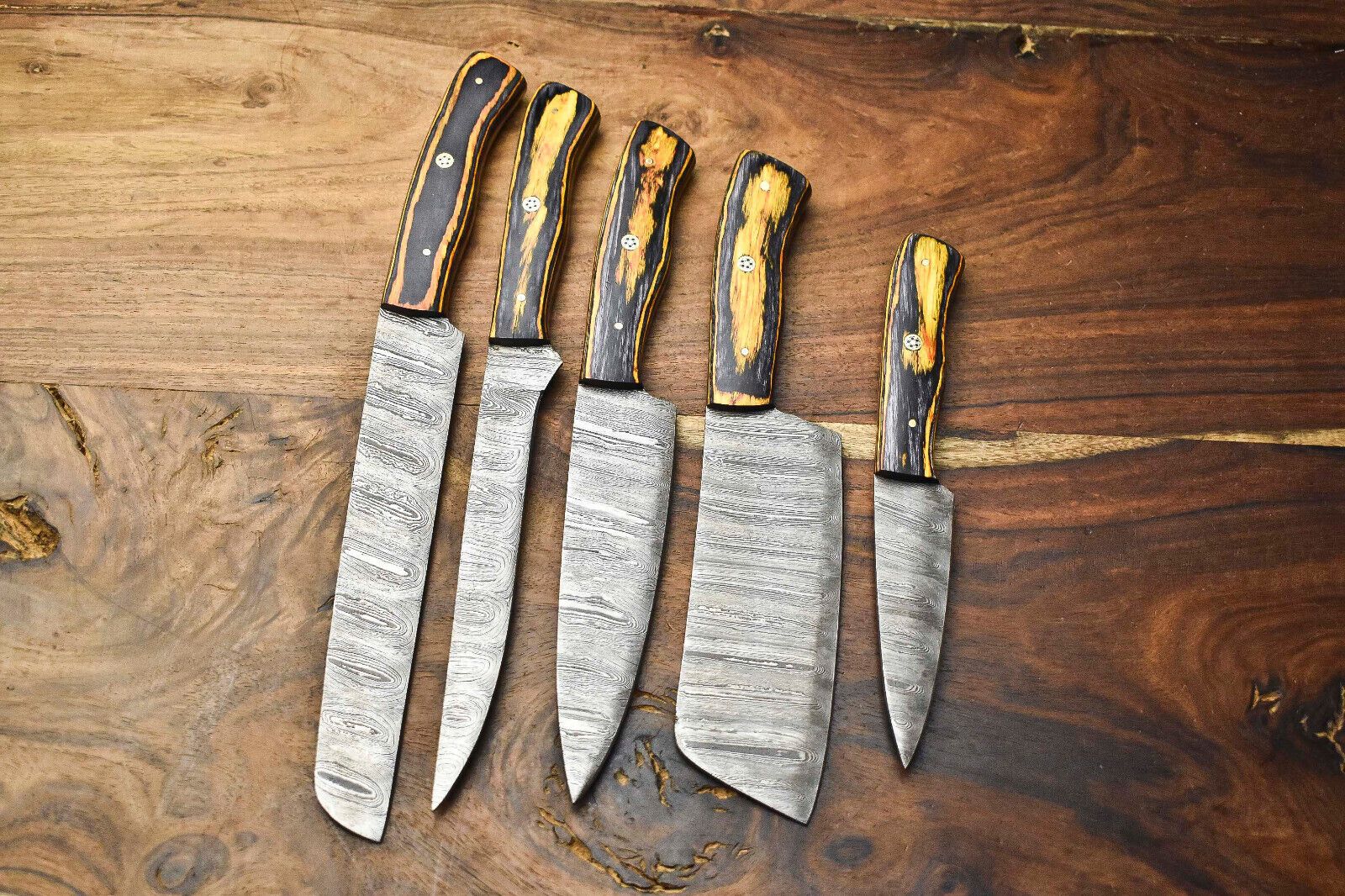 Custom Lot of 5 Handmade Damascus Steel Chef Knives | Hammered Full Tang Kitchen Set