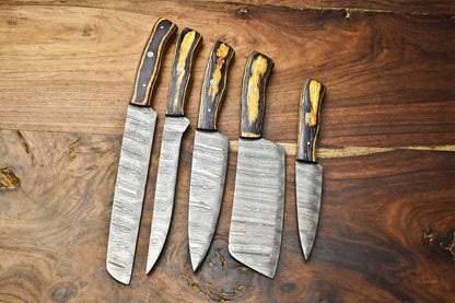 Custom Lot of 5 Handmade Damascus Steel Chef Knives | Hammered Full Tang Kitchen Set