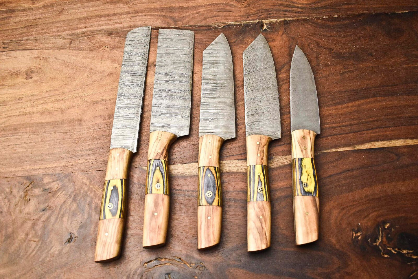 Custom Lot Of 5 Handmade Hammered Damascus Steel Blade Chef Knife Set  Professional Handmade Kitche