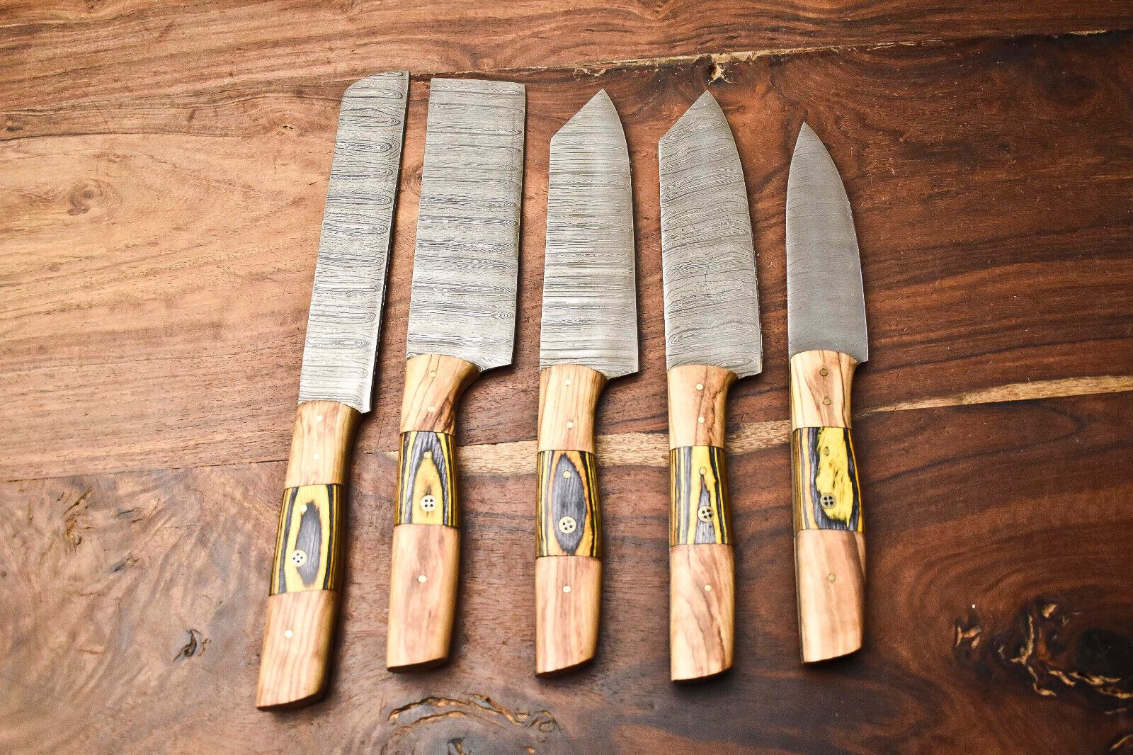 Custom Lot Of 5 Handmade Hammered Damascus Steel Blade Chef Knife Set  Professional Handmade Kitche