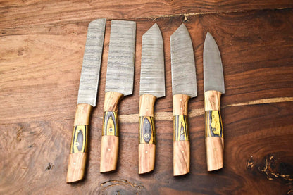 Custom Lot Of 5 Handmade Hammered Damascus Steel Blade Chef Knife Set  Professional Handmade Kitche