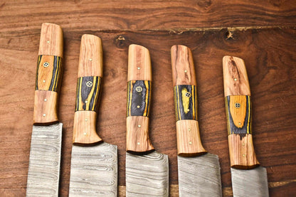 Custom Lot Of 5 Handmade Hammered Damascus Steel Blade Chef Knife Set  Professional Handmade Kitche